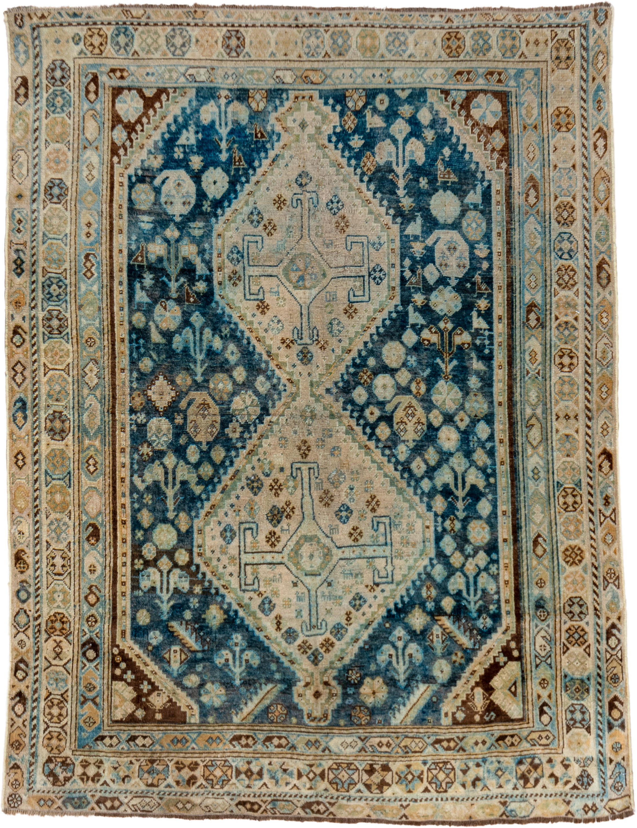 4' x 5' one-of-a-kind handmade vintage Shiraz small size rug. Color palette: blue, ivory, camel, brown, sky blue, taupe