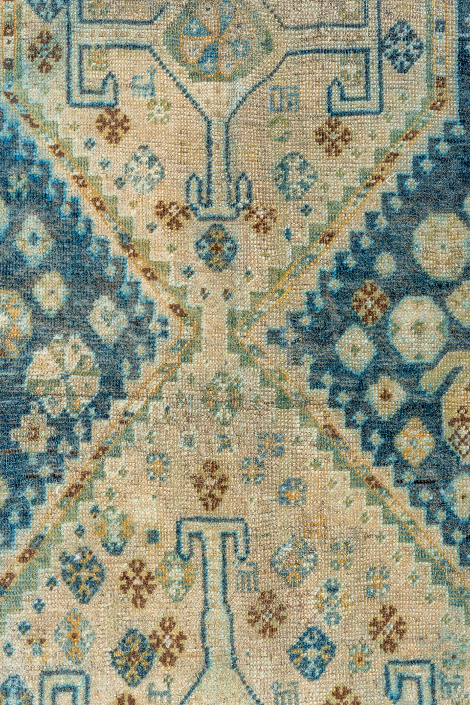 4' x 5' one-of-a-kind handmade vintage Shiraz small size rug. Color palette: blue, ivory, camel, brown, sky blue, taupe