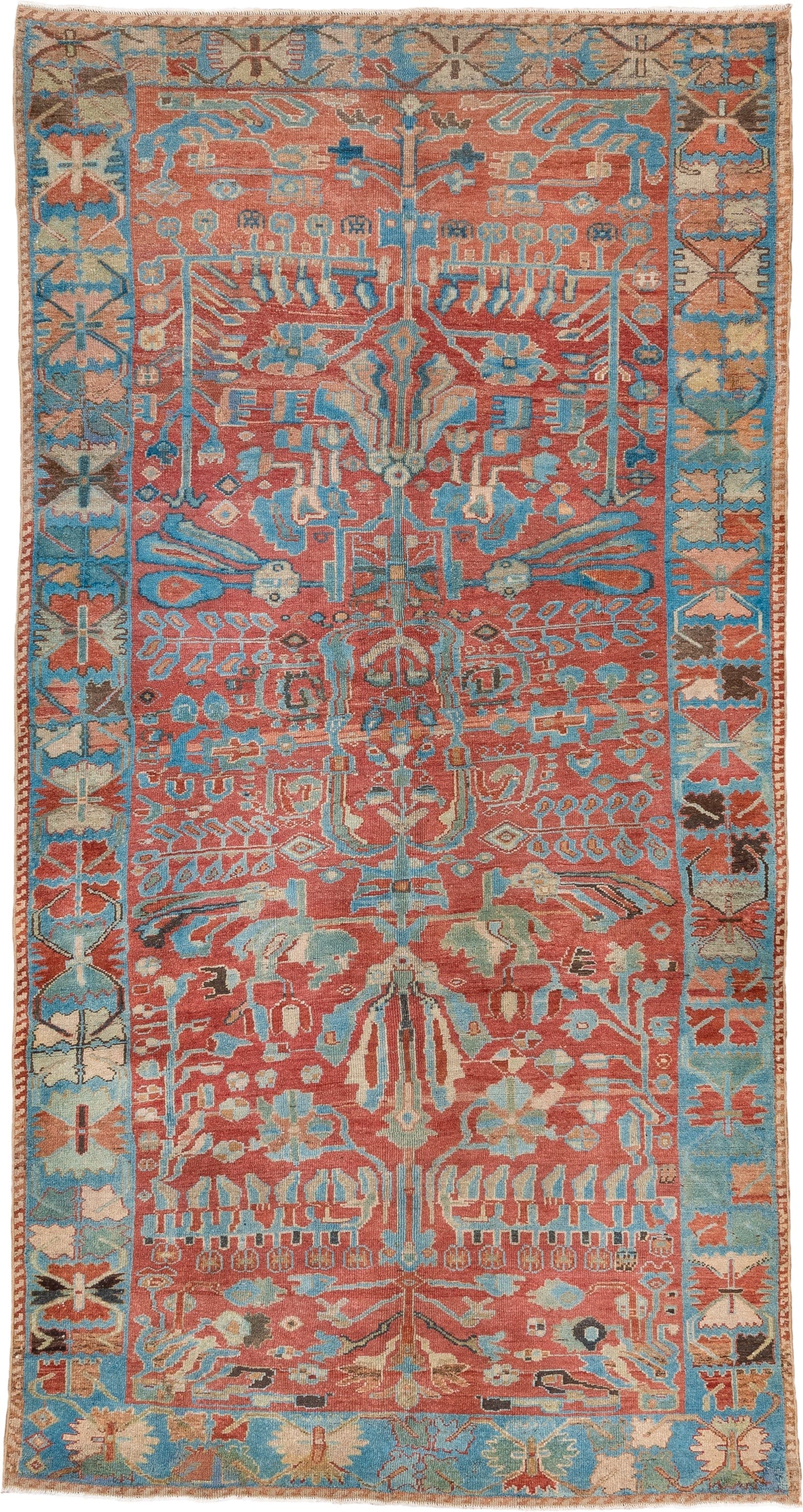 5' x 9' one-of-a-kind handmade vintage Lilian medium size rug. Color palette: coral, sky blue, ivory, taupe, rust, brown