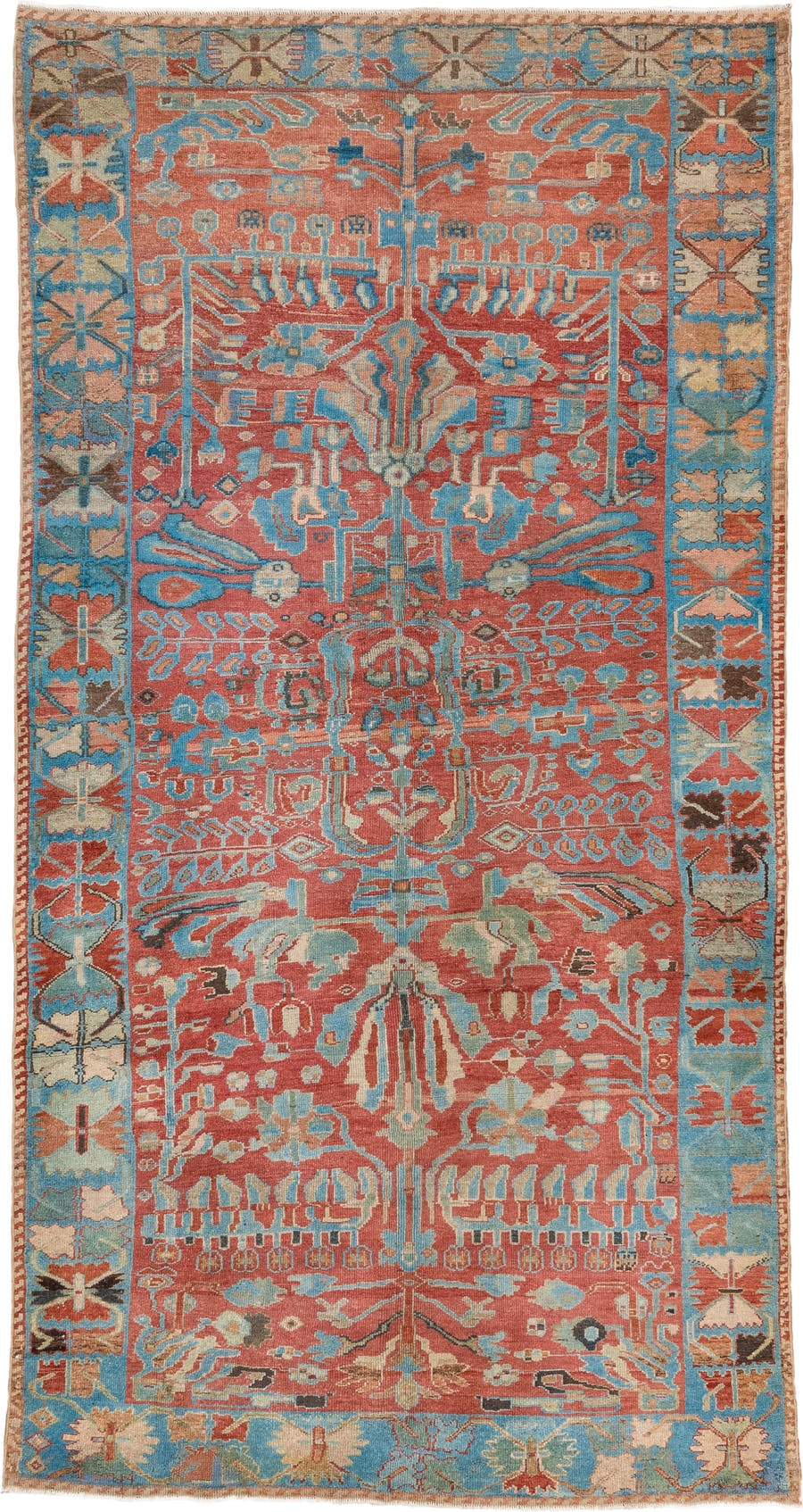 5' x 9' one-of-a-kind handmade vintage Lilian medium size rug. Color palette: coral, sky blue, ivory, taupe, rust, brown