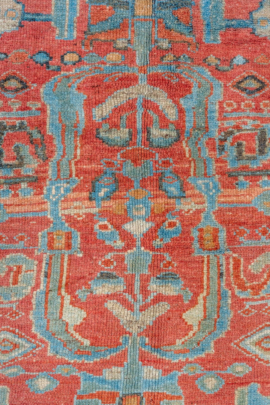 5' x 9' one-of-a-kind handmade vintage Lilian medium size rug. Color palette: coral, sky blue, ivory, taupe, rust, brown