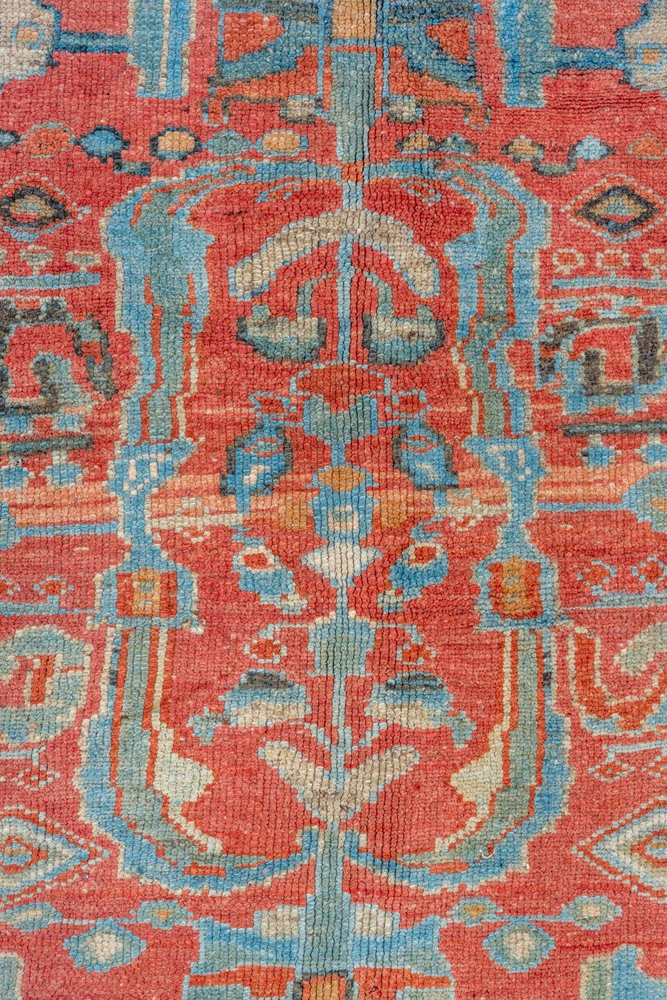 5' x 9' one-of-a-kind handmade vintage Lilian medium size rug. Color palette: coral, sky blue, ivory, taupe, rust, brown