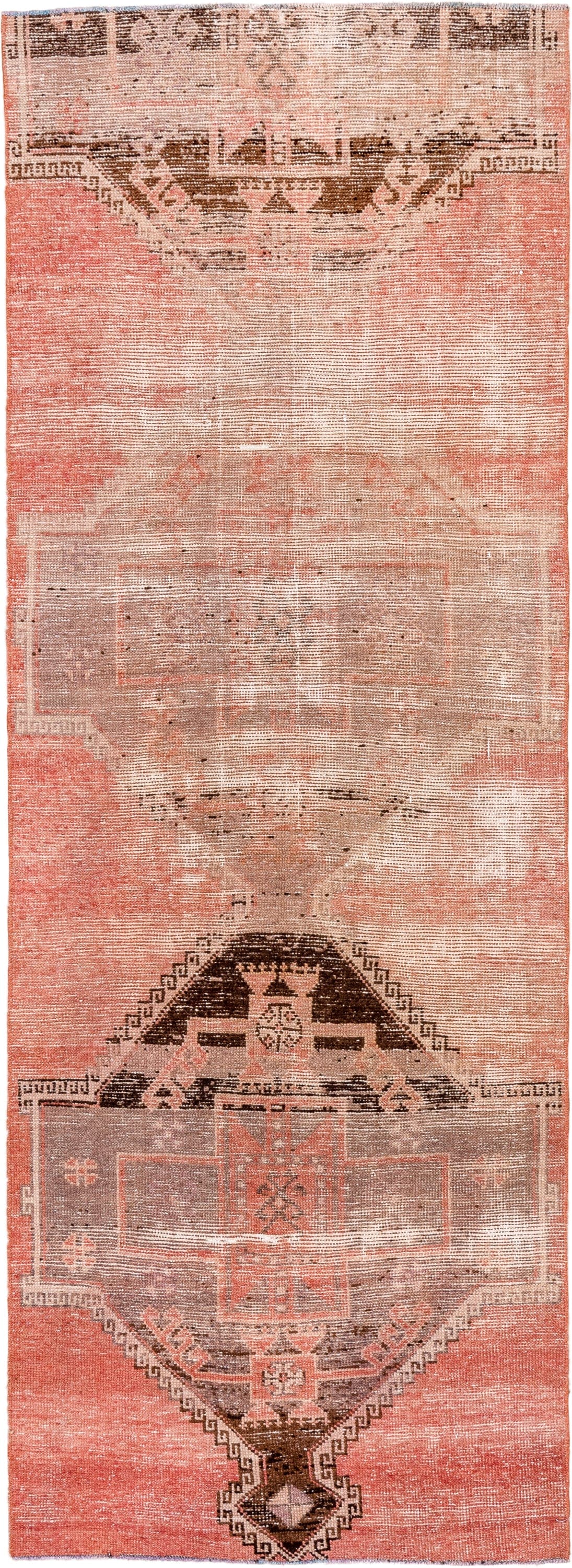 3' x 8' one-of-a-kind handmade vintage Oushak runner rug. Color palette: coral, taupe, brown, ivory, rose, charcoal