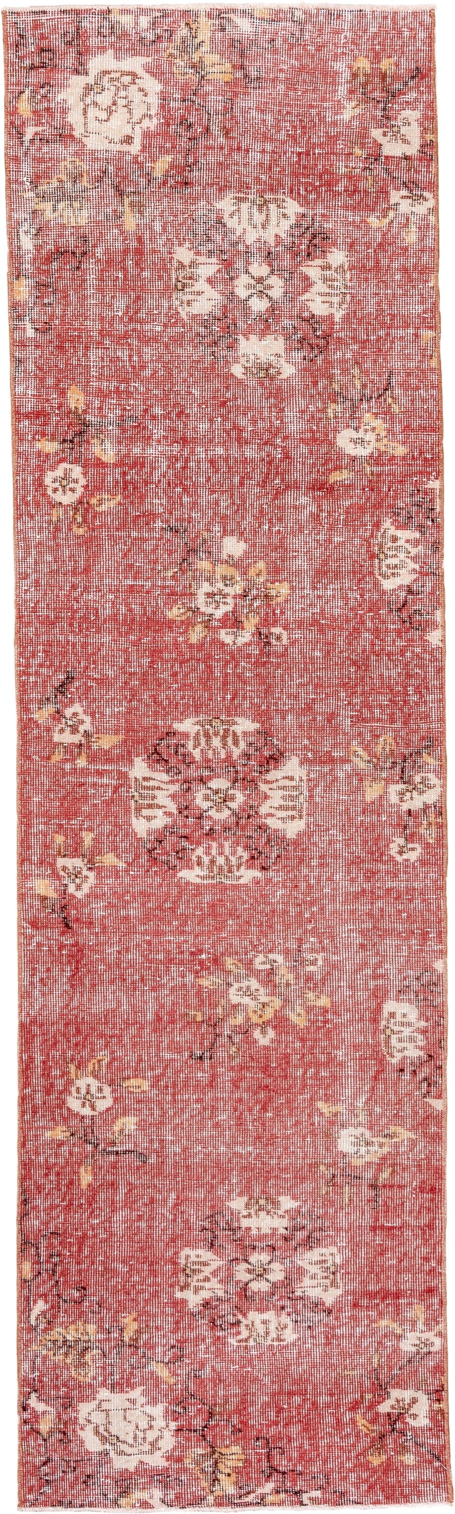 2' x 8' one-of-a-kind handmade vintage Oushak runner rug. Color palette: rose, ivory, rust, gold, brown, taupe, pink, red
