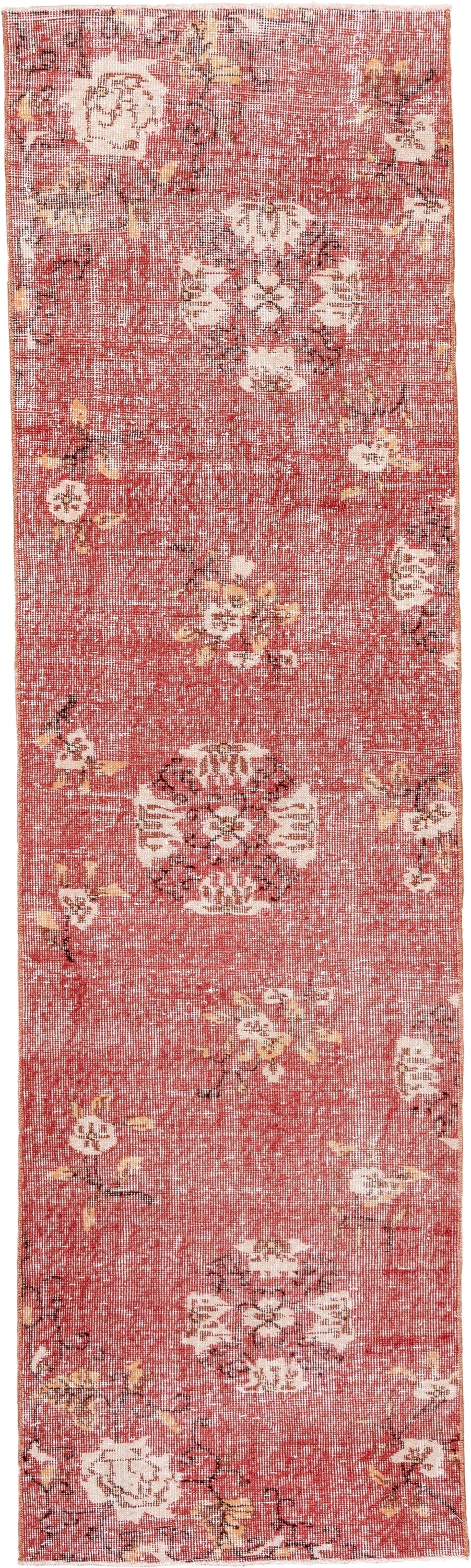 2' x 8' one-of-a-kind handmade vintage Oushak runner rug. Color palette: rose, ivory, rust, gold, brown, taupe, pink, red