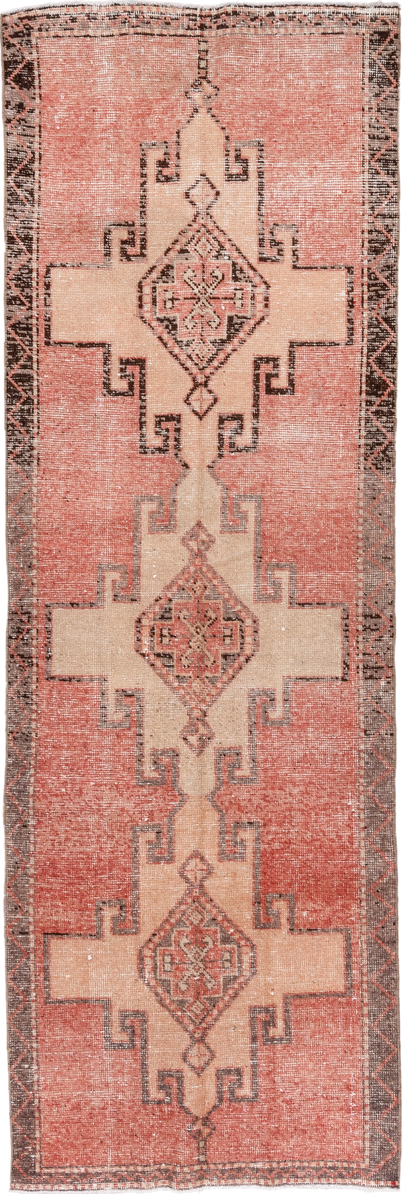 3' x 10' one-of-a-kind handmade vintage Oushak runner rug. Color palette: coral, ivory, charcoal, rose, taupe, terracotta