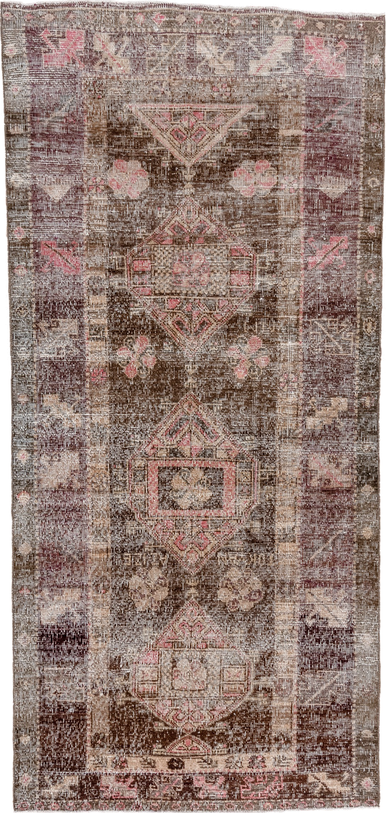 4' x 9' one-of-a-kind handmade vintage Oushak runner rug. Color palette: brown, taupe, ivory, rose, charcoal, beige, gray
