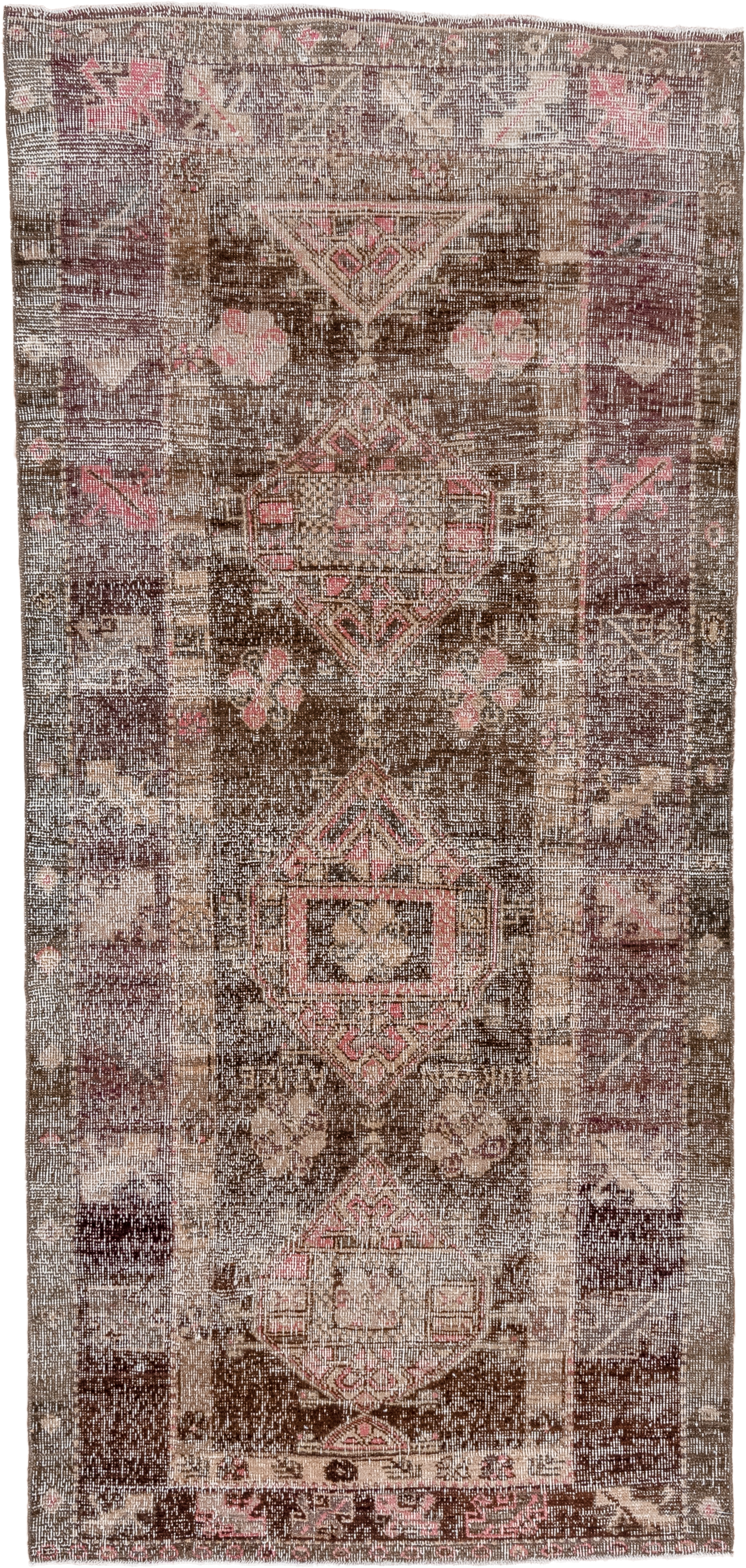 4' x 9' one-of-a-kind handmade vintage Oushak runner rug. Color palette: brown, taupe, ivory, rose, charcoal, beige, gray