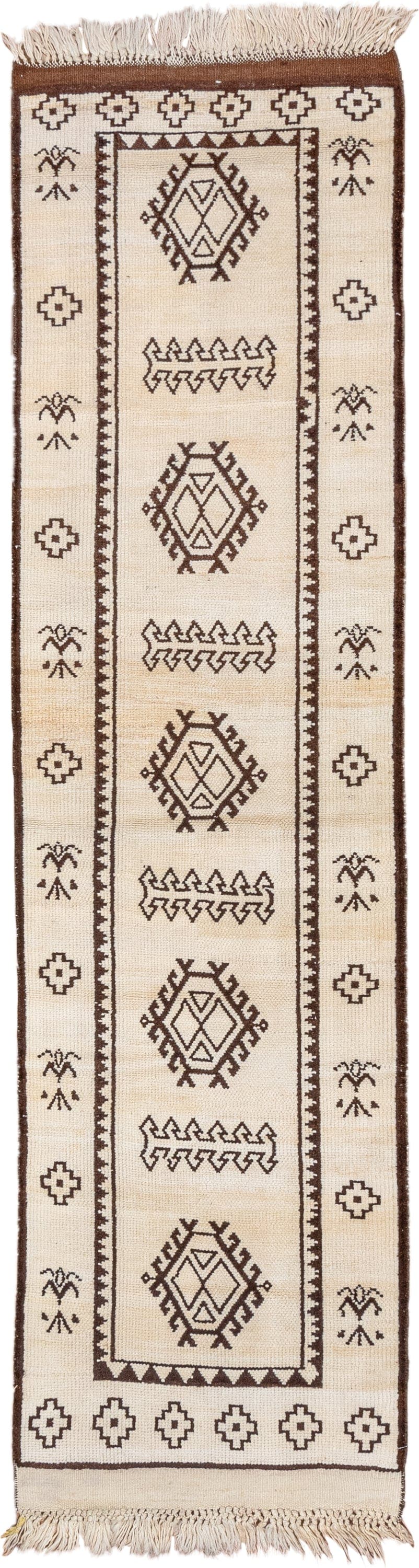 2' x 9' one-of-a-kind handmade vintage Kars runner rug. Color palette: ivory, brown, camel, taupe, beige, gray