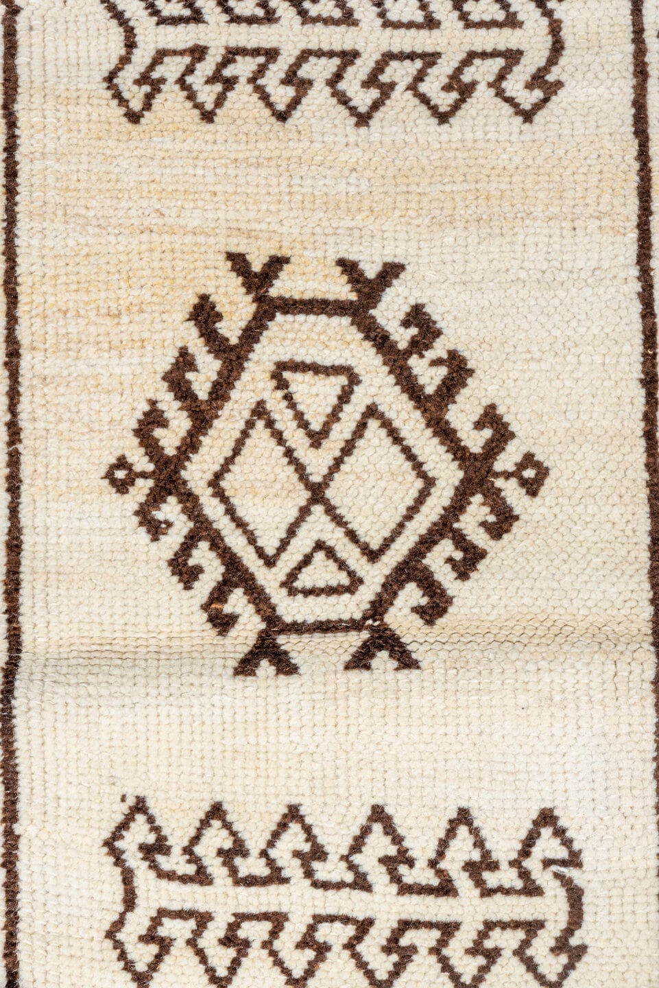 2' x 9' one-of-a-kind handmade vintage Kars runner rug. Color palette: ivory, brown, camel, taupe, beige, gray
