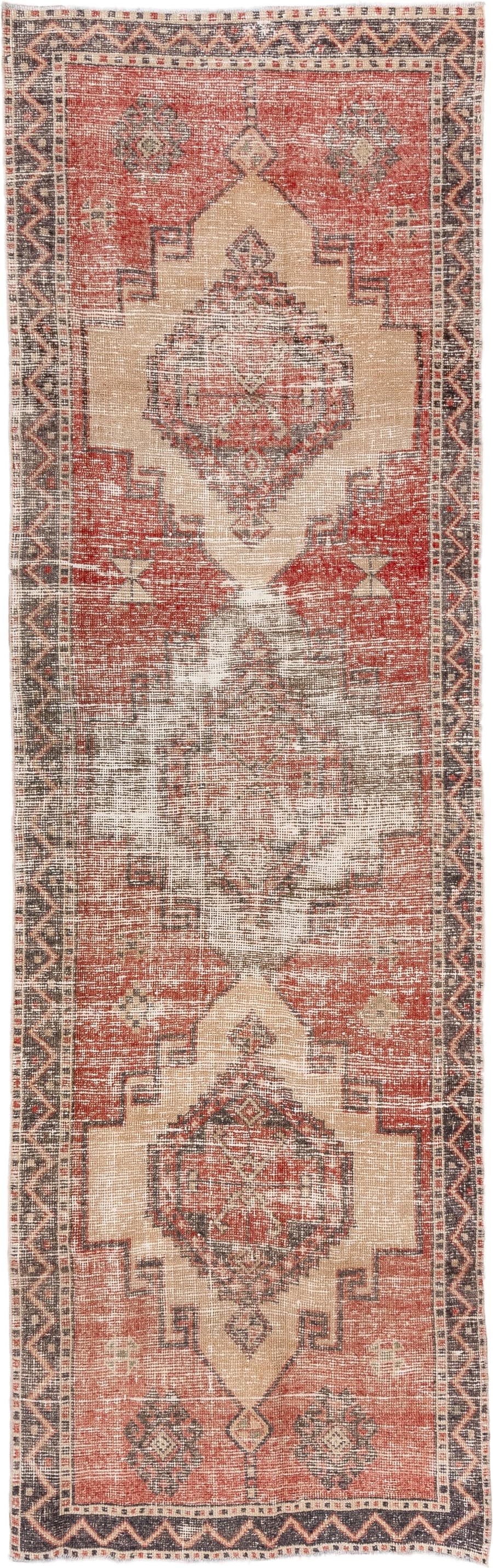 3' x 11' one-of-a-kind handmade vintage Oushak runner rug. Color palette: rust, ivory, charcoal, coral, taupe, camel