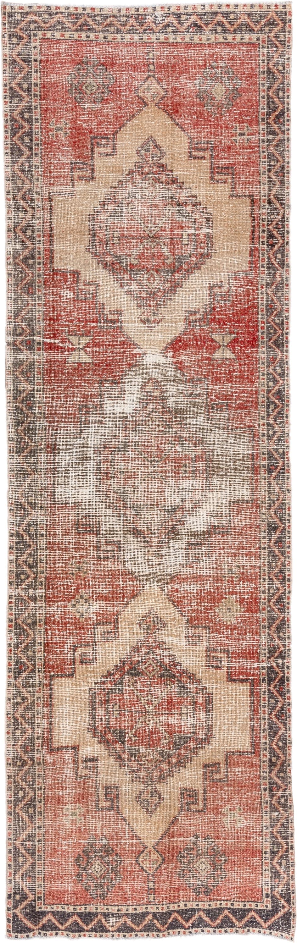 3' x 11' one-of-a-kind handmade vintage Oushak runner rug. Color palette: rust, ivory, charcoal, coral, taupe, camel