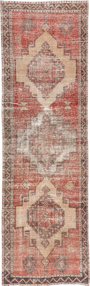 3' x 11' one-of-a-kind handmade vintage Oushak runner rug. Color palette: rust, ivory, charcoal, coral, taupe, camel