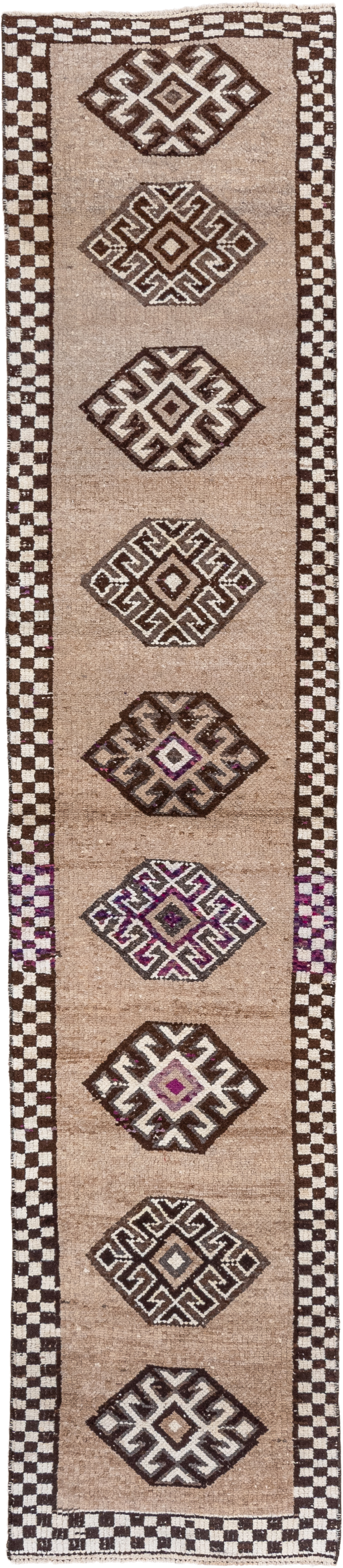 2' x 11' one-of-a-kind handmade vintage Kars runner rug. Color palette: camel, brown, ivory, taupe, violet, beige, gray