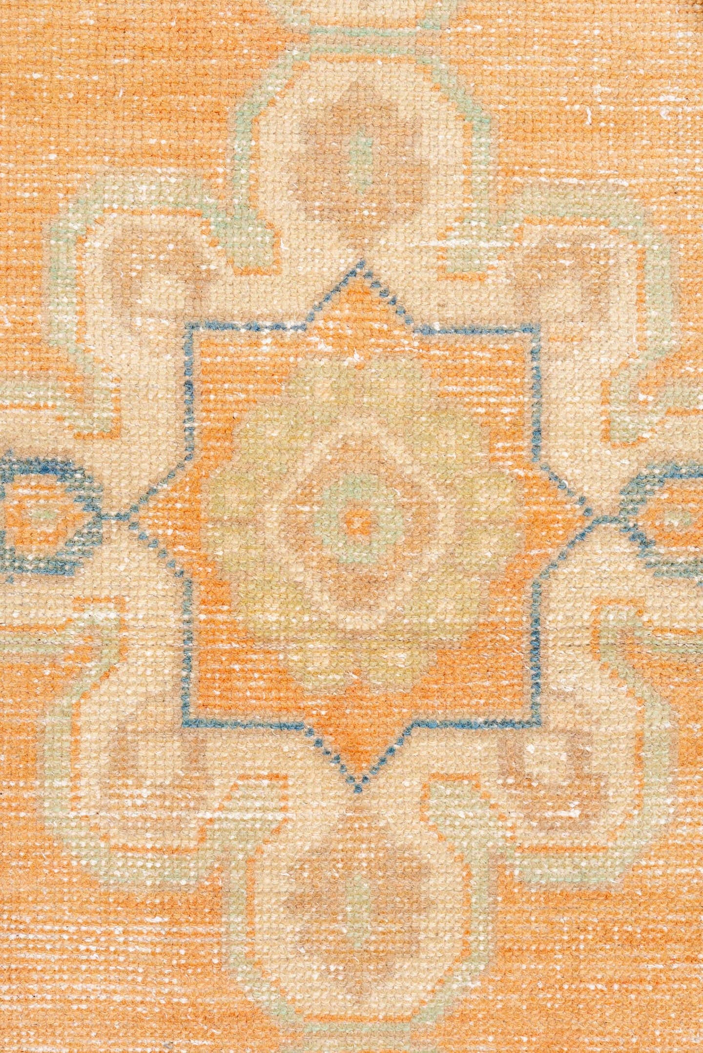 2' x 8' one-of-a-kind handmade vintage Oushak runner rug. Color palette: apricot, ivory, slate blue, beige, peach, taupe