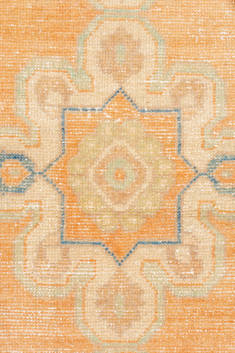 2' x 8' one-of-a-kind handmade vintage Oushak runner rug. Color palette: apricot, ivory, slate blue, beige, peach, taupe