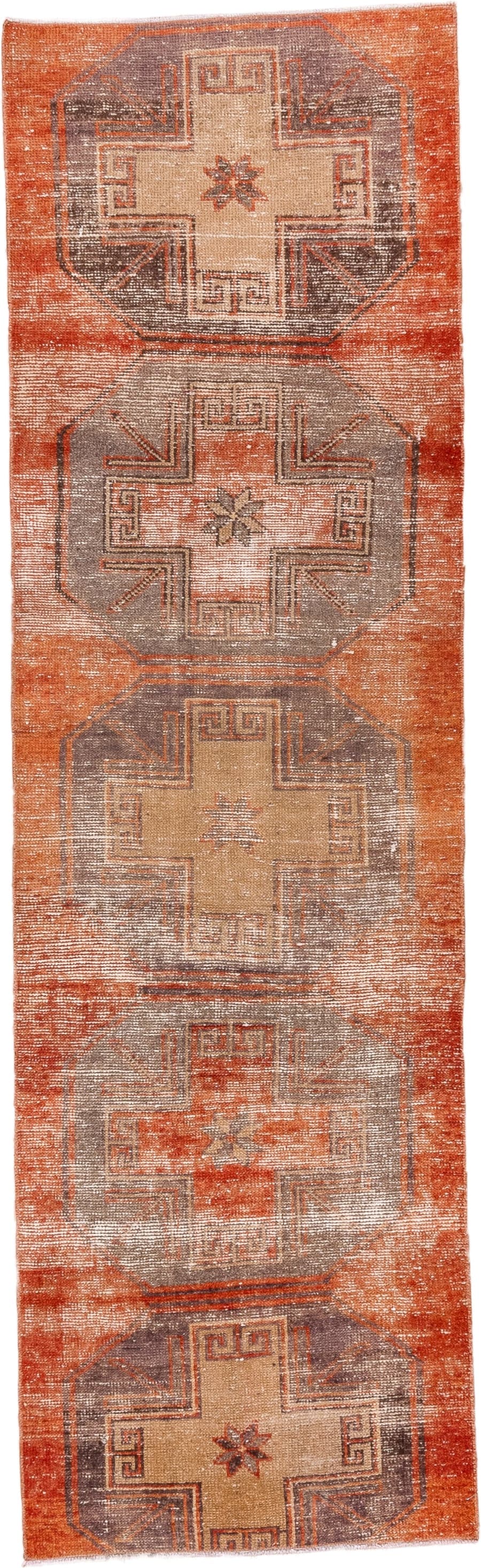 2' x 9' one-of-a-kind handmade vintage Oushak runner rug. Color palette: terra cotta, taupe, beige, rust, ivory, charcoal