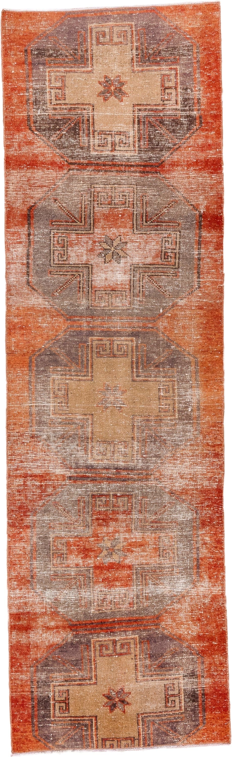 2' x 9' one-of-a-kind handmade vintage Oushak runner rug. Color palette: terra cotta, taupe, beige, rust, ivory, charcoal