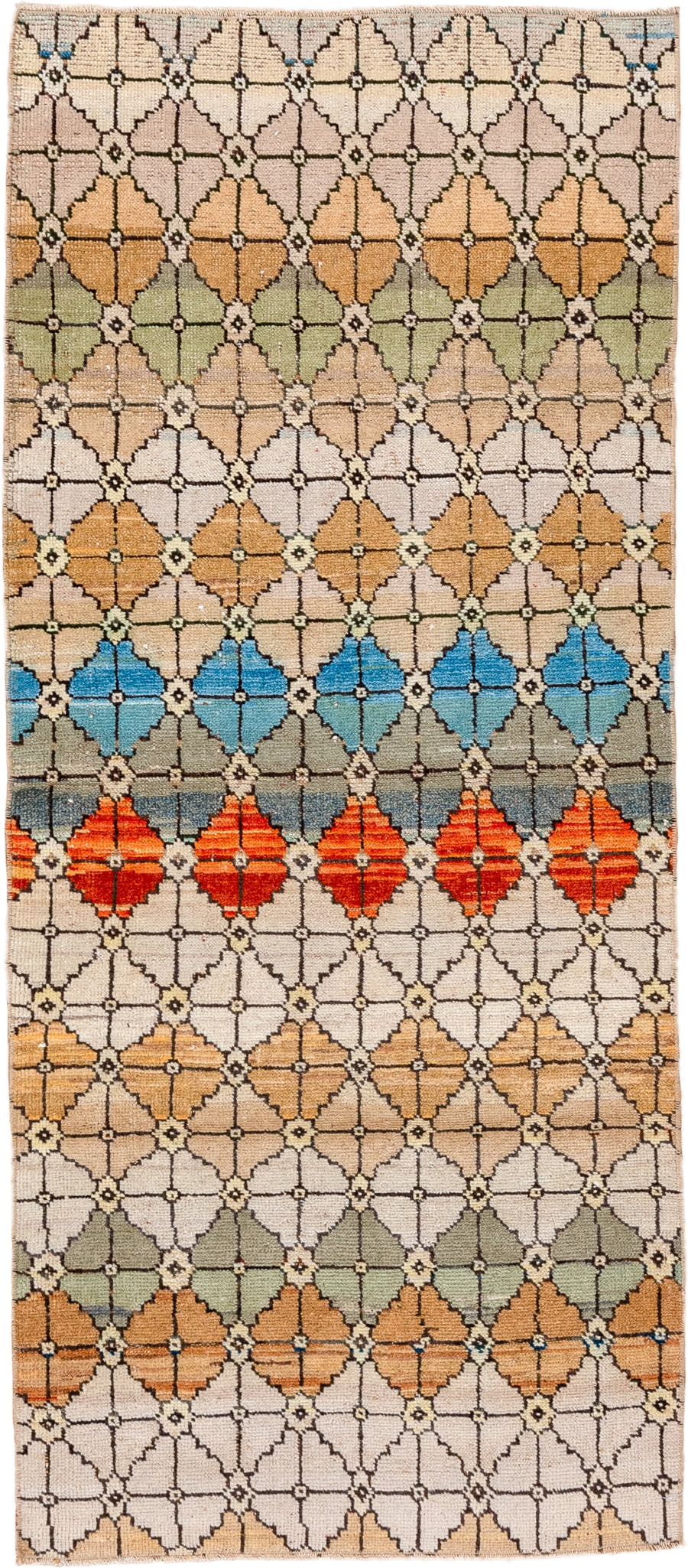 2' x 6' one-of-a-kind handmade vintage Oushak runner rug. Color palette: ivory, camel, sage, sky_blue, slate, saffron