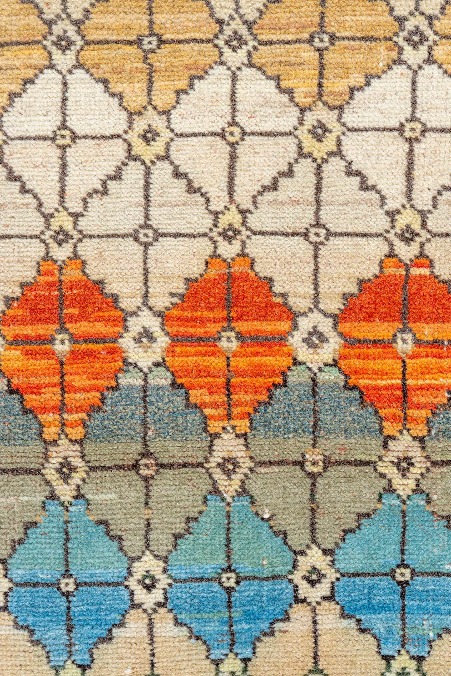 2' x 6' one-of-a-kind handmade vintage Oushak runner rug. Color palette: ivory, camel, sage, sky_blue, slate, saffron