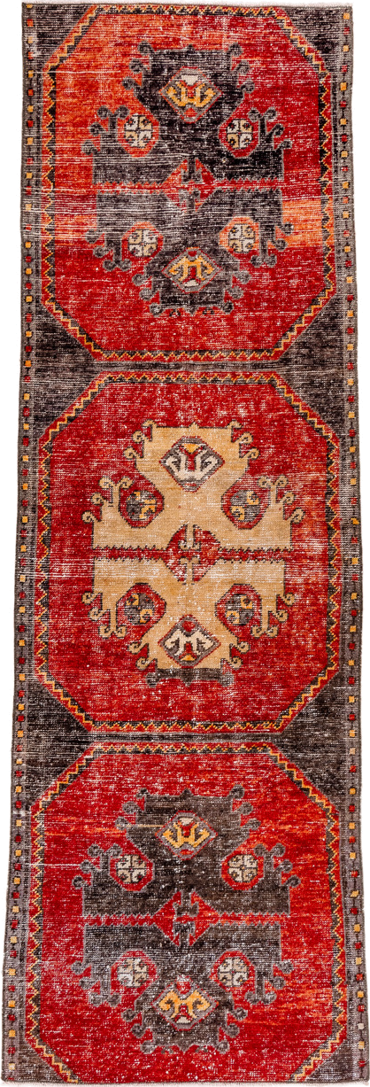 2' x 8' one-of-a-kind handmade vintage Oushak runner rug. Color palette: red, charcoal, ivory, gold, rust, taupe, gray