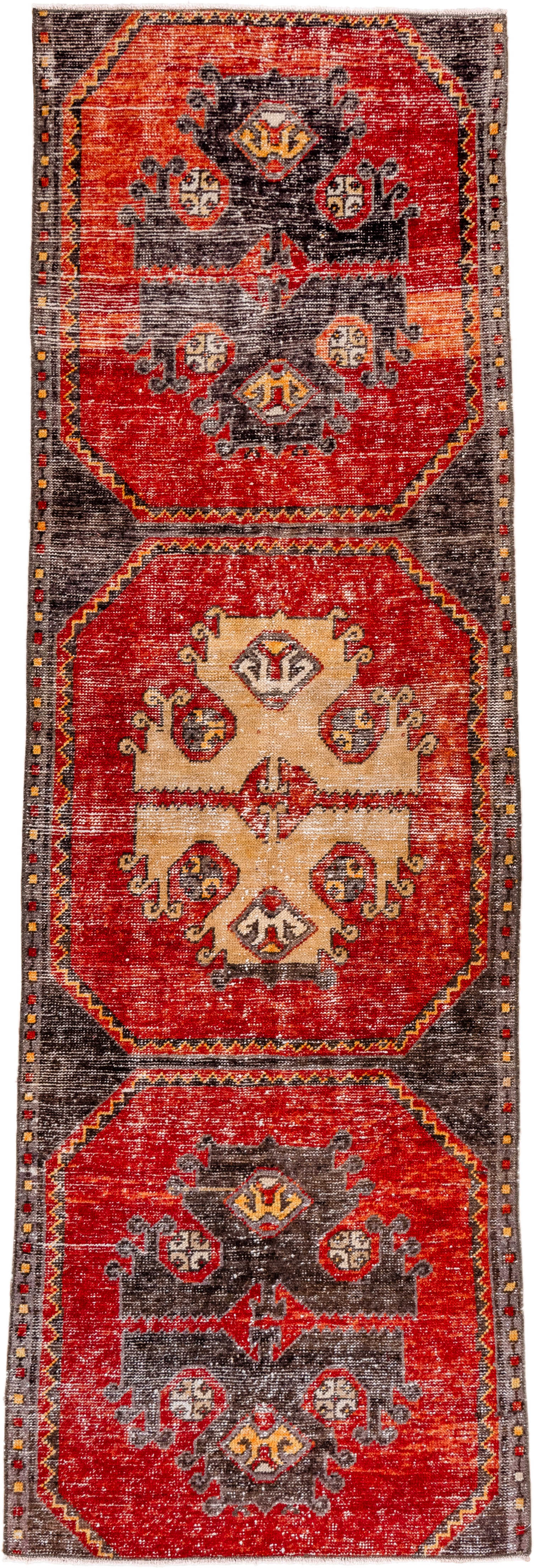 2' x 8' one-of-a-kind handmade vintage Oushak runner rug. Color palette: red, charcoal, ivory, gold, rust, taupe, gray