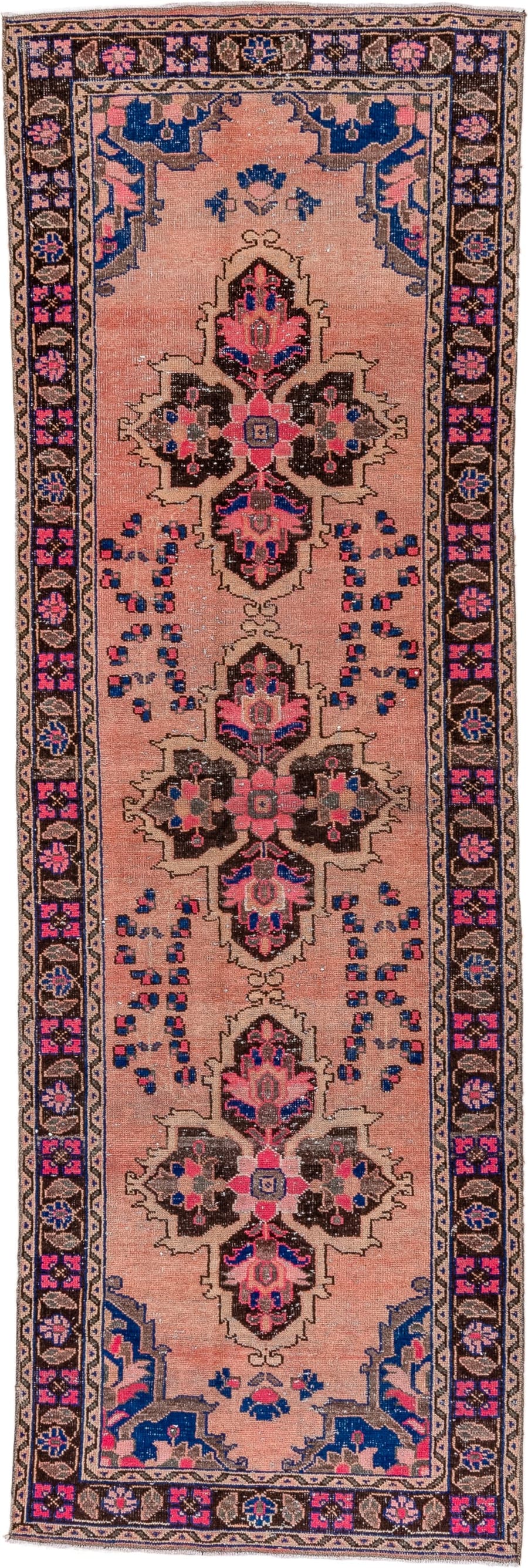 3' x 10' one-of-a-kind handmade vintage Oushak runner rug. Color palette: blush, brown, navy, pink, taupe, ivory, cobalt