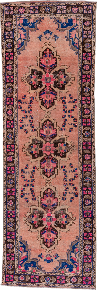 3' x 10' one-of-a-kind handmade vintage Oushak runner rug. Color palette: blush, brown, navy, pink, taupe, ivory, cobalt