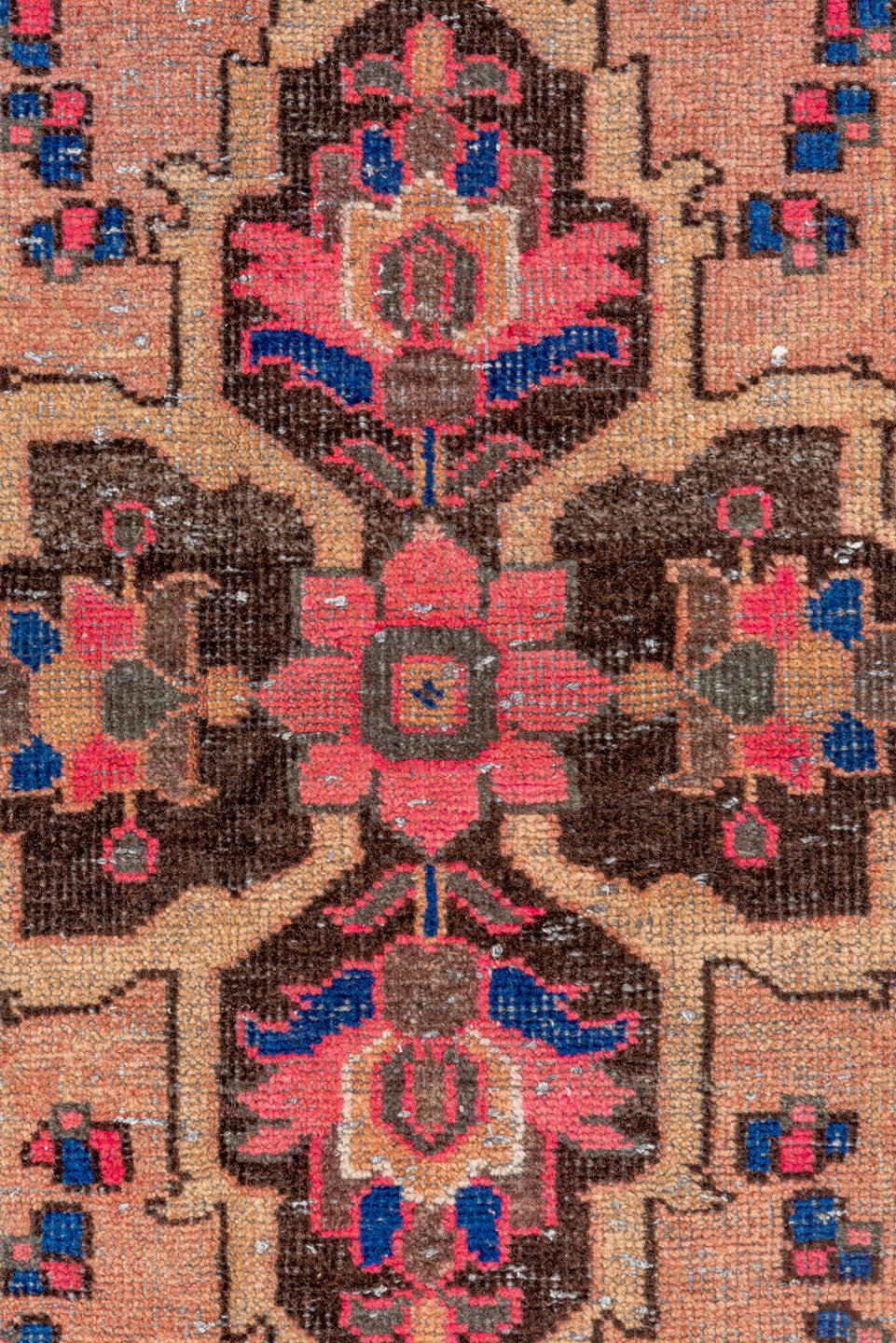 3' x 10' one-of-a-kind handmade vintage Oushak runner rug. Color palette: blush, brown, navy, pink, taupe, ivory, cobalt