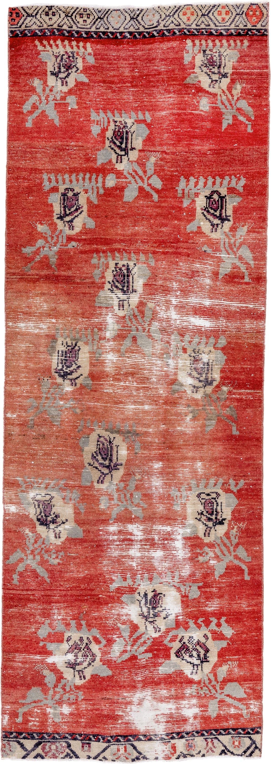 3' x 8' one-of-a-kind handmade vintage Oushak runner rug. Color palette: coral, ivory, slate, charcoal, rose, terracotta