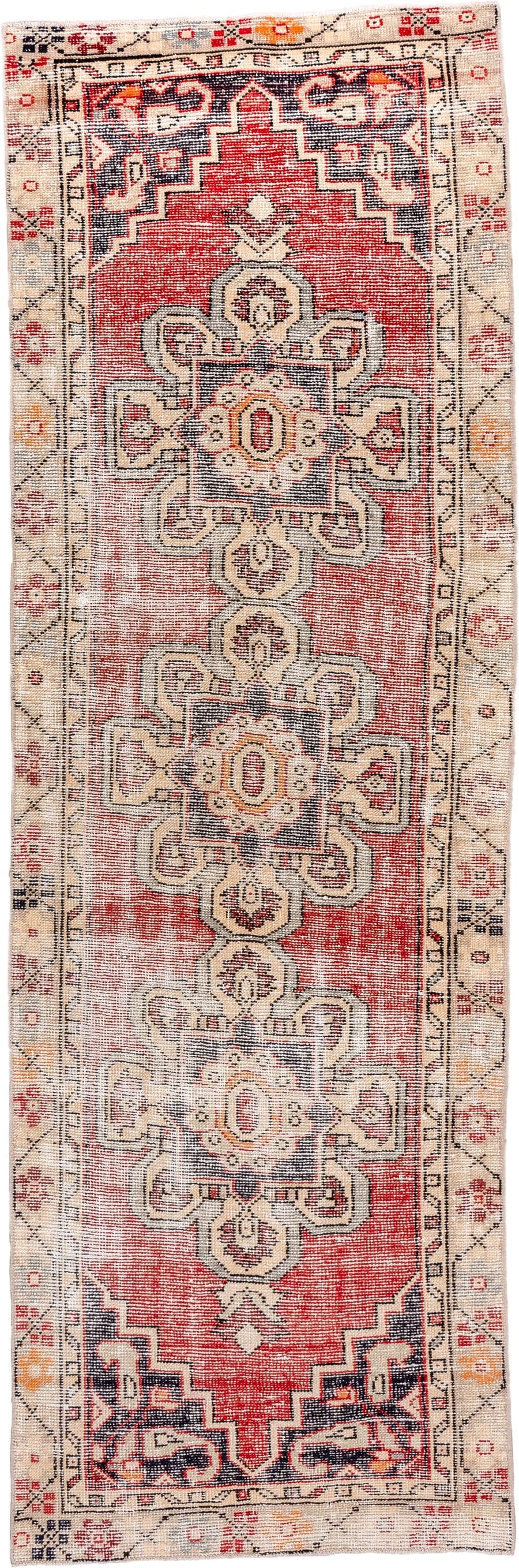 2' x 8' one-of-a-kind handmade vintage Oushak runner rug. Color palette: coral, ivory, charcoal, taupe, terracotta, gold