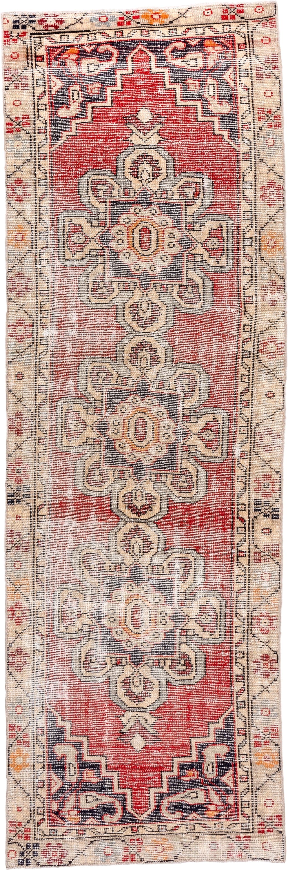 2' x 8' one-of-a-kind handmade vintage Oushak runner rug. Color palette: coral, ivory, charcoal, taupe, terracotta, gold