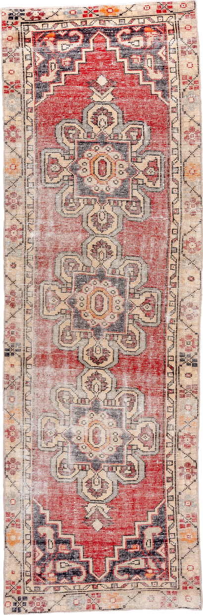 2' x 8' one-of-a-kind handmade vintage Oushak runner rug. Color palette: coral, ivory, charcoal, taupe, terracotta, gold