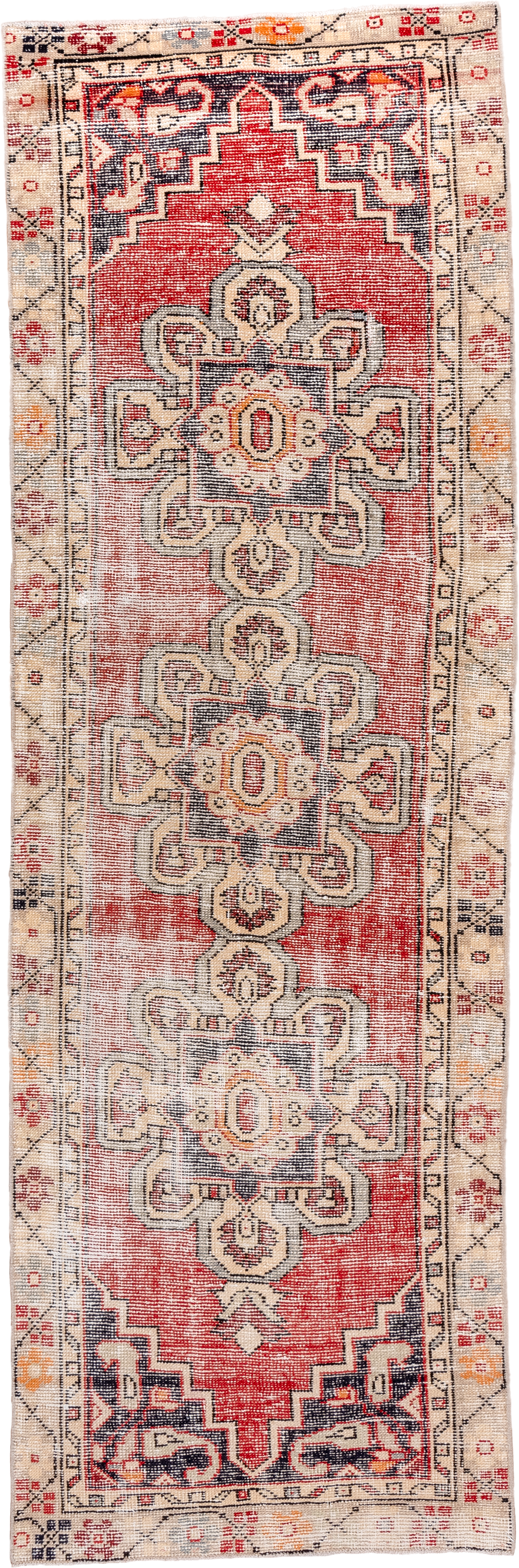 2' x 8' one-of-a-kind handmade vintage Oushak runner rug. Color palette: coral, ivory, charcoal, taupe, terracotta, gold