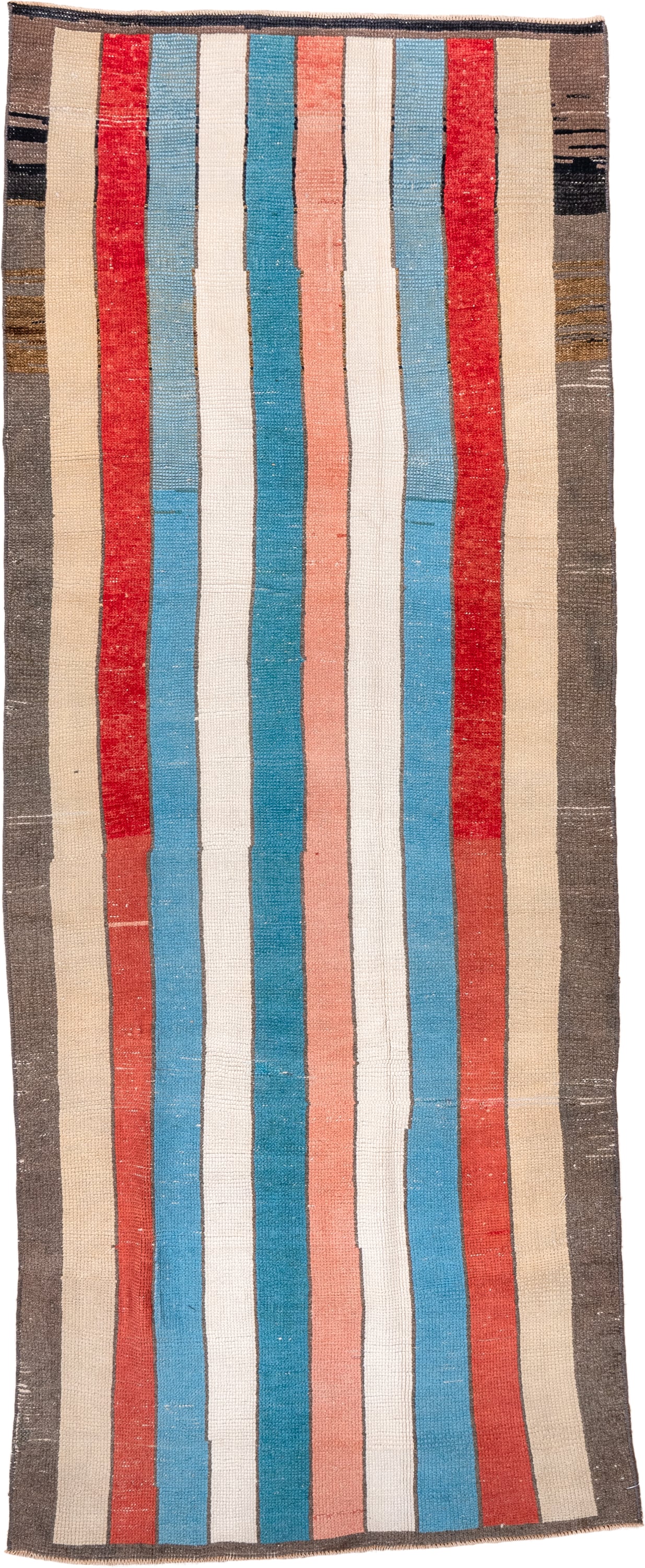 3' x 8' one-of-a-kind handmade vintage Tulu runner rug. Color palette: ivory, sky blue, taupe, coral, red, cream, charcoal