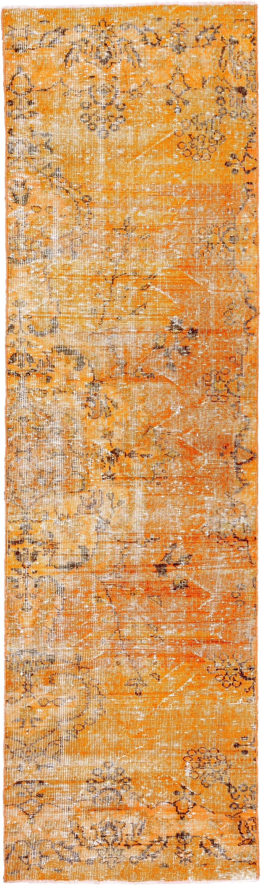 2' x 9' one-of-a-kind handmade vintage Overdyed runner rug. Color palette: orange, apricot, charcoal, ivory, terracotta