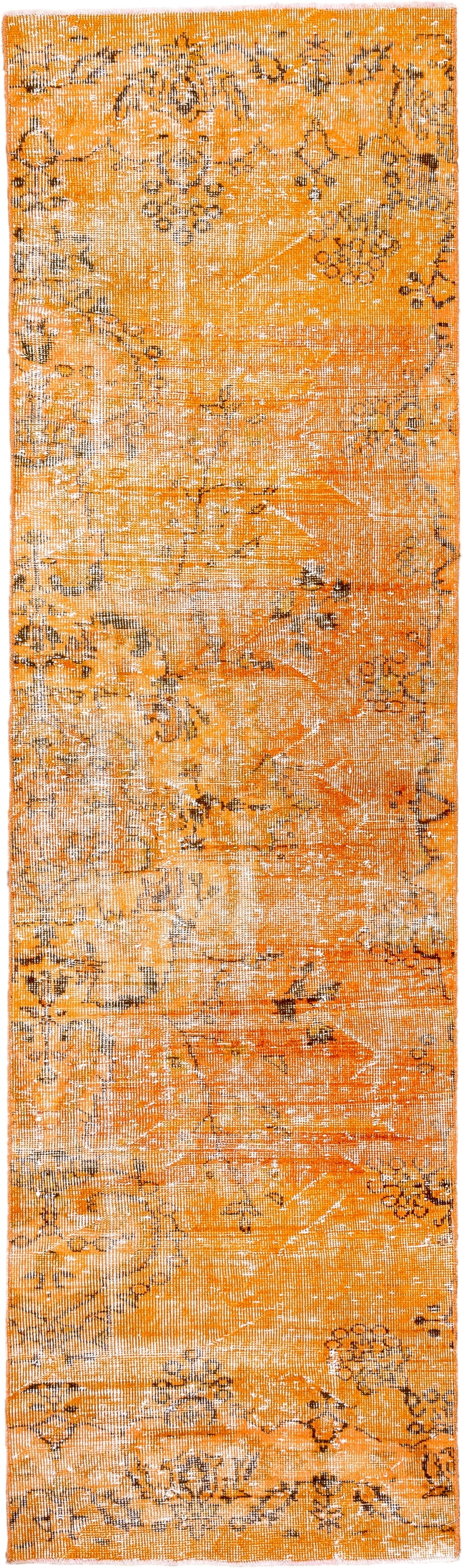 2' x 9' one-of-a-kind handmade vintage Overdyed runner rug. Color palette: orange, apricot, charcoal, ivory, terracotta