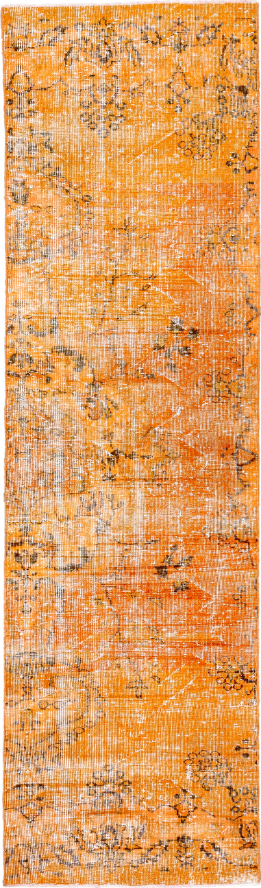 2' x 9' one-of-a-kind handmade vintage Overdyed runner rug. Color palette: orange, apricot, charcoal, ivory, terracotta
