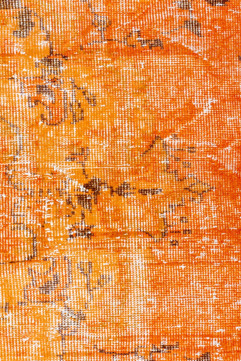 2' x 9' one-of-a-kind handmade vintage Overdyed runner rug. Color palette: orange, apricot, charcoal, ivory, terracotta
