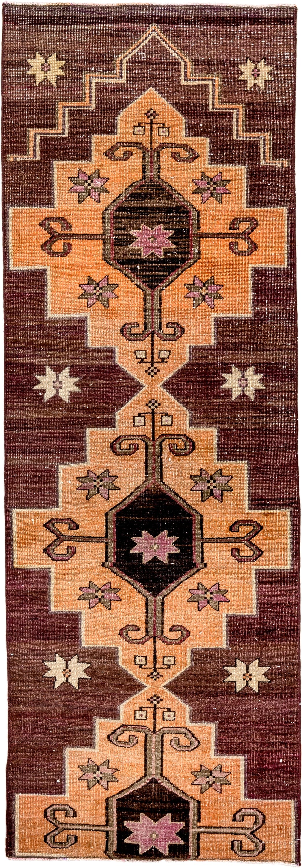2' x 8' one-of-a-kind handmade vintage Kars runner rug. Color palette: brown, apricot, charcoal, ivory, mauve, taupe