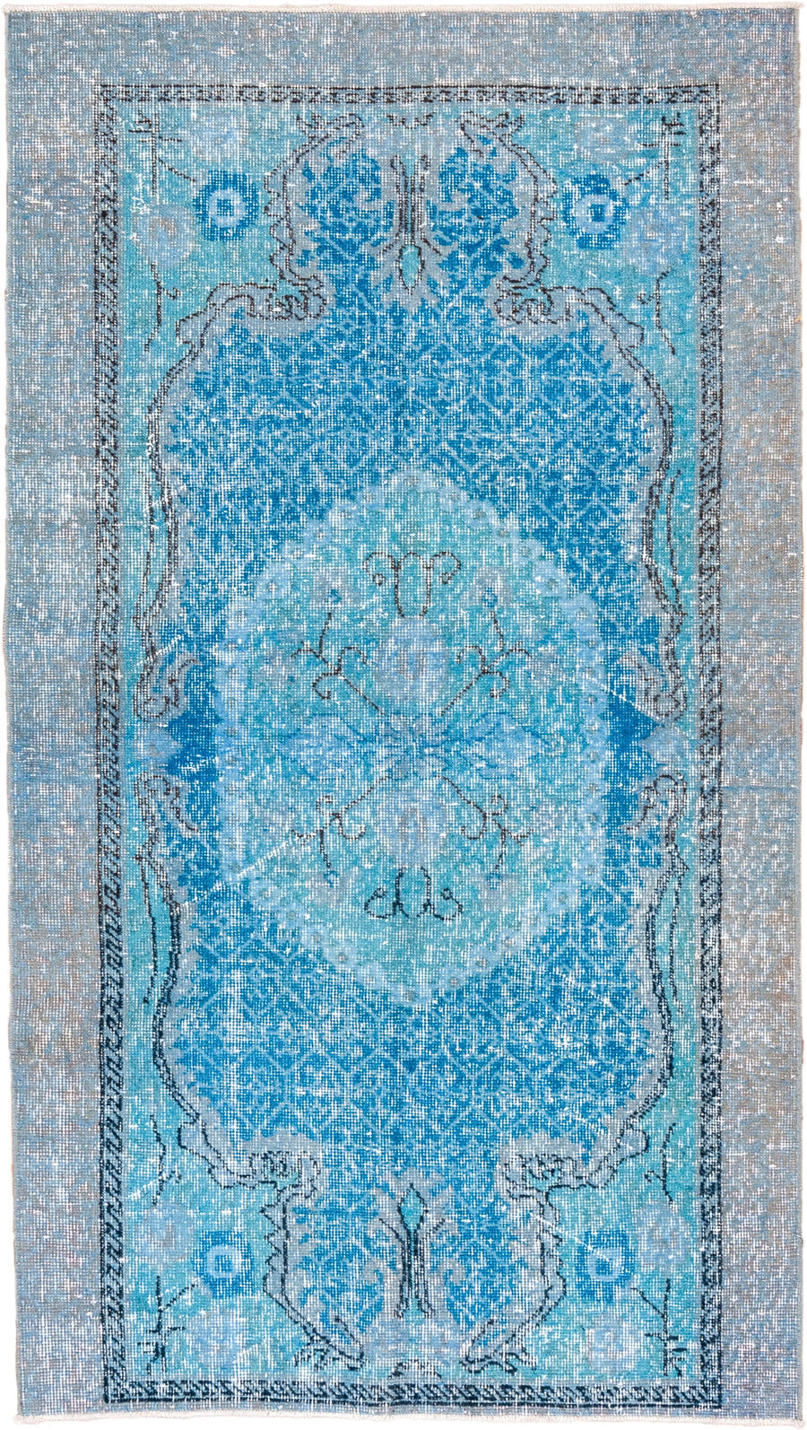 3' x 6' one-of-a-kind handmade vintage Overdyed small size rug. Color palette: aqua, sky_blue, ivory, charcoal, slate, teal
