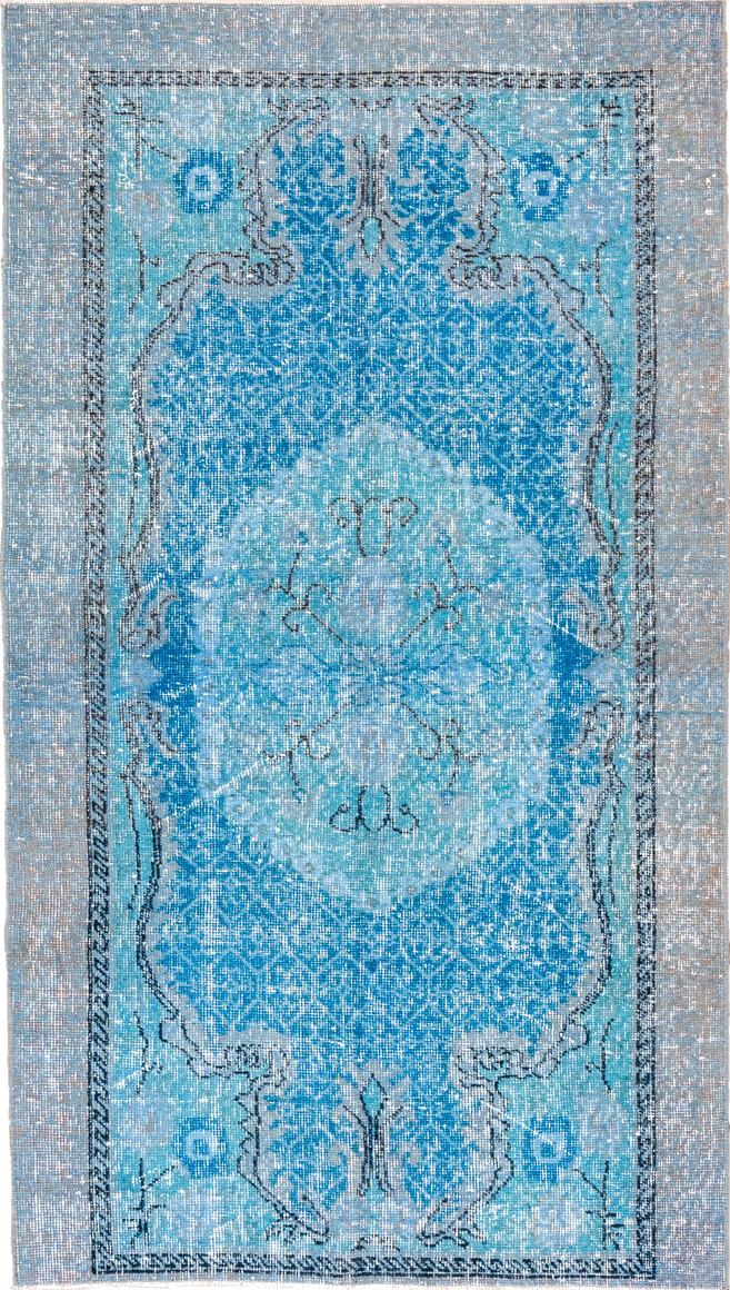 3' x 6' one-of-a-kind handmade vintage Overdyed small size rug. Color palette: arapawa, blue, dim gray, gray, light blue