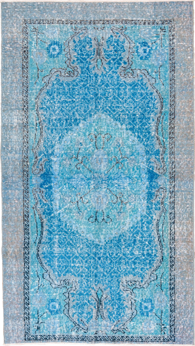 3' x 6' one-of-a-kind handmade vintage Overdyed small size rug. Color palette: arapawa, blue, dim gray, gray, light blue