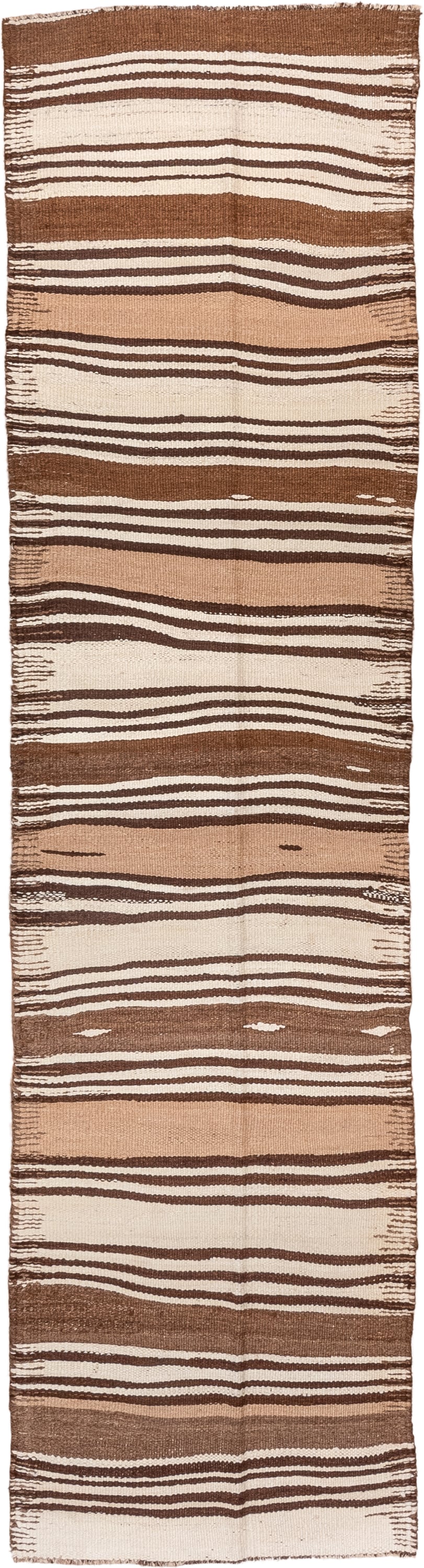 2' x 10' one-of-a-kind handmade vintage Kilim runner rug. Color palette: brown, ivory, camel, taupe, beige, gray