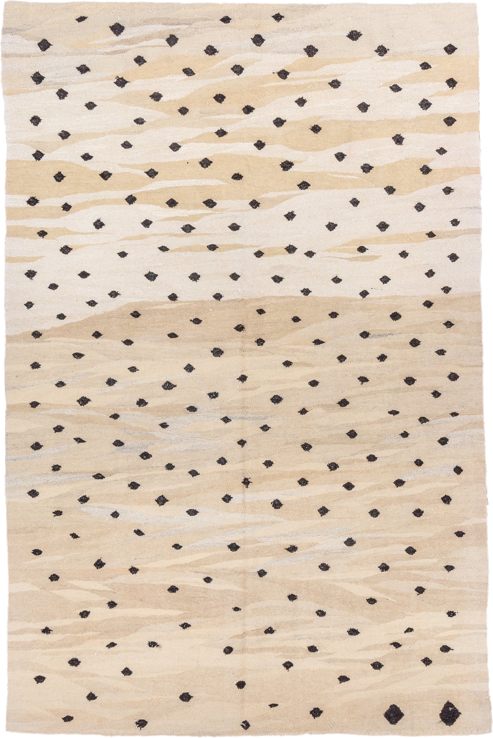 6' x 9' one-of-a-kind handmade vintage Kilim medium size rug. Color palette: ivory, beige, cream, charcoal, taupe, gray