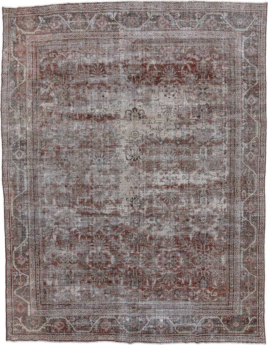 10' x 13' one-of-a-kind handmade vintage Mahal oversize rug. Color palette: terra cotta, ivory, charcoal, taupe, rose, brown