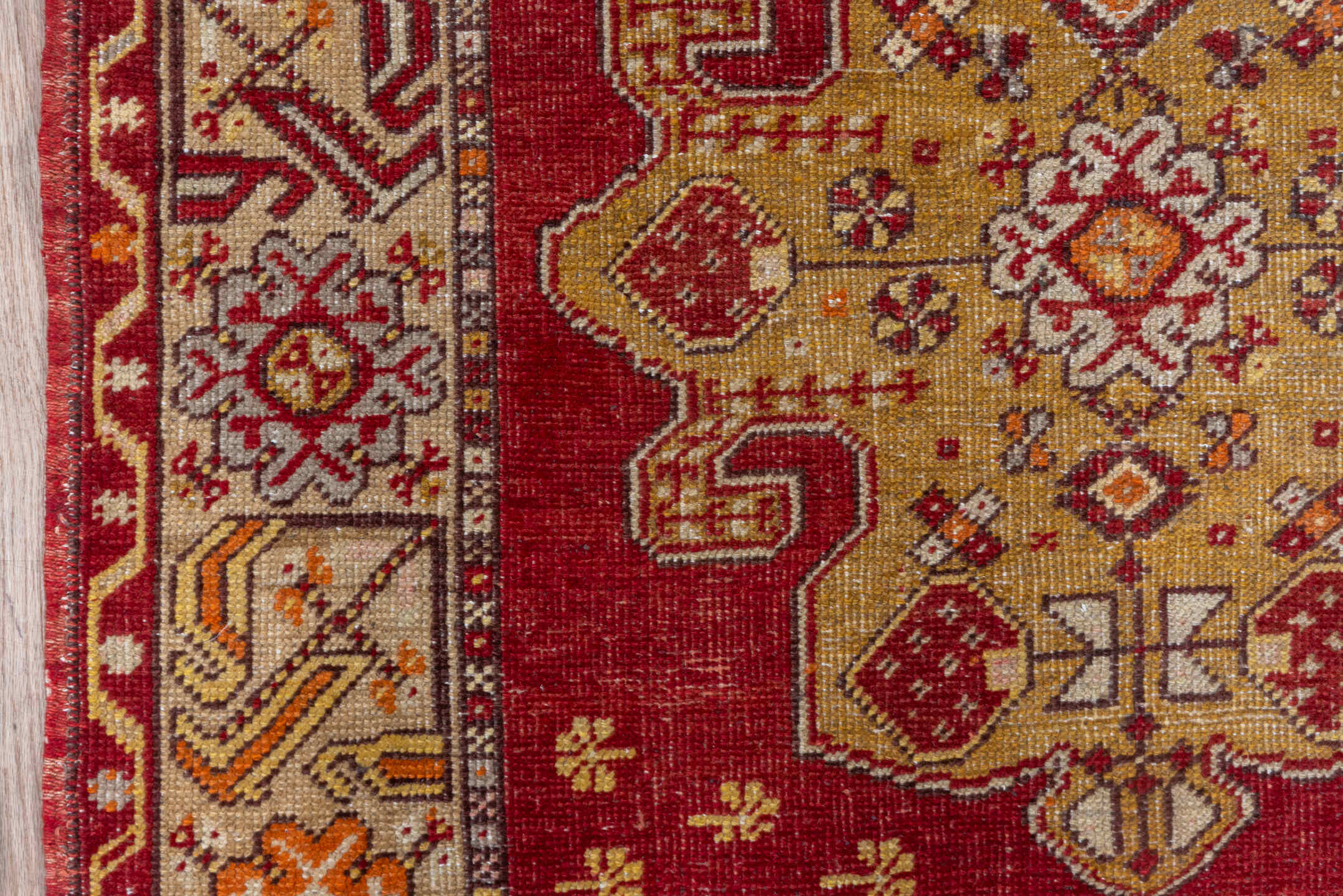 3' x 5' one-of-a-kind handmade vintage Oushak small size rug. Color palette: red, ivory, camel, rust, terra cotta, gold