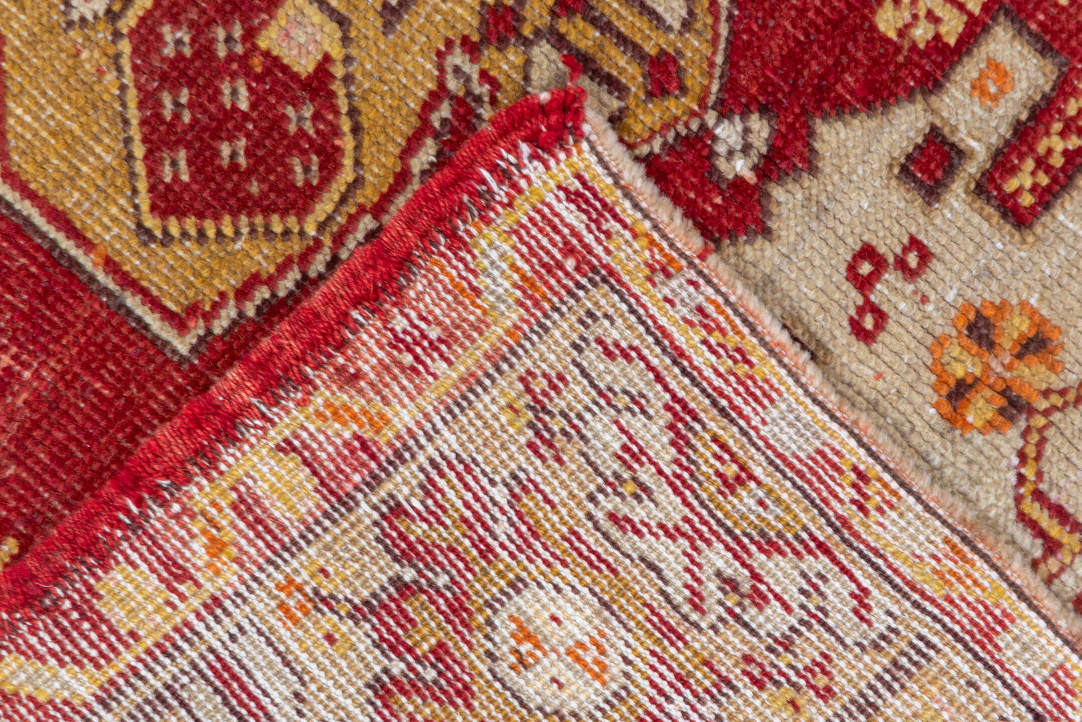 3' x 5' one-of-a-kind handmade vintage Oushak small size rug. Color palette: red, ivory, camel, rust, terra cotta, gold