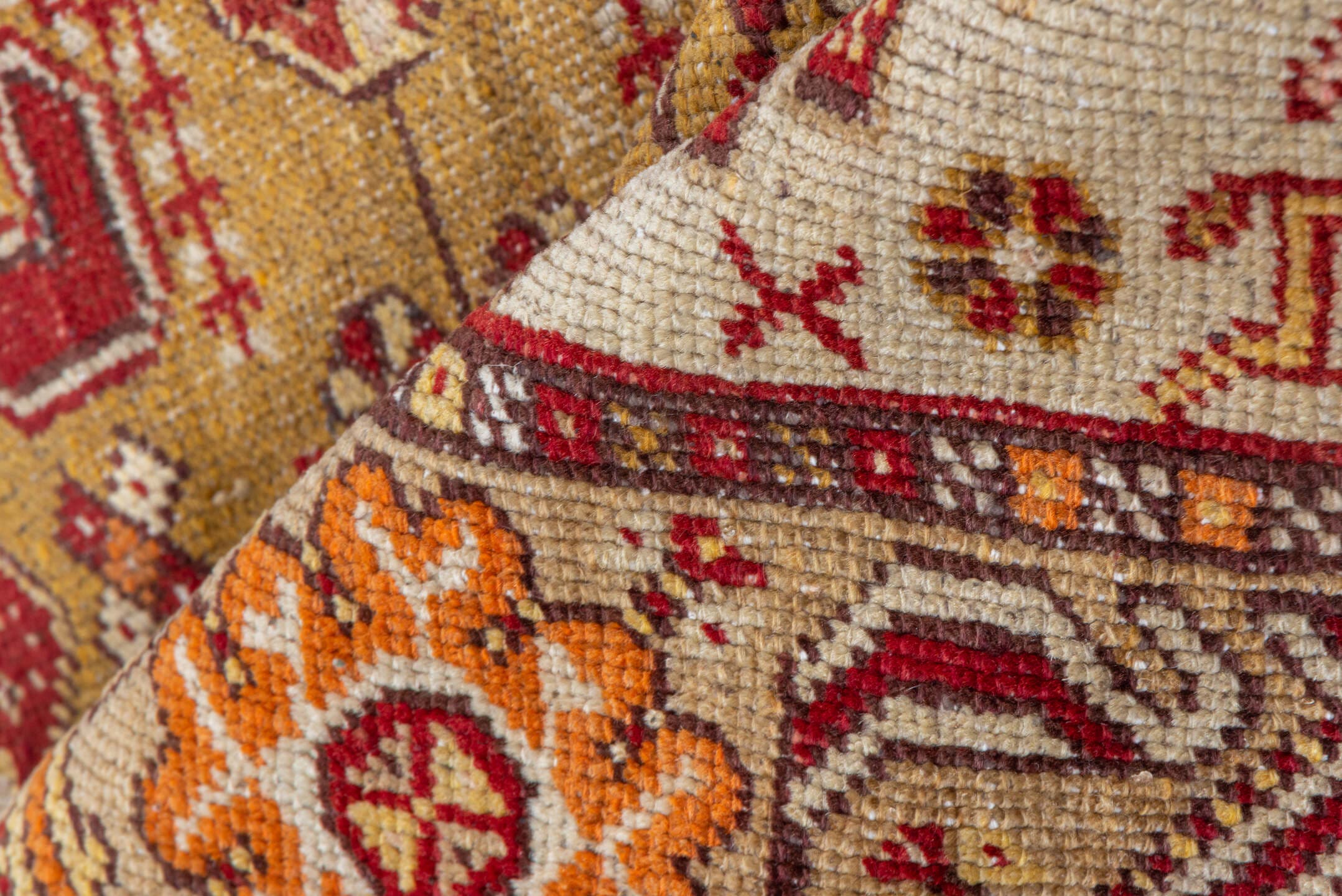 3' x 5' one-of-a-kind handmade vintage Oushak small size rug. Color palette: red, ivory, camel, rust, terra cotta, gold