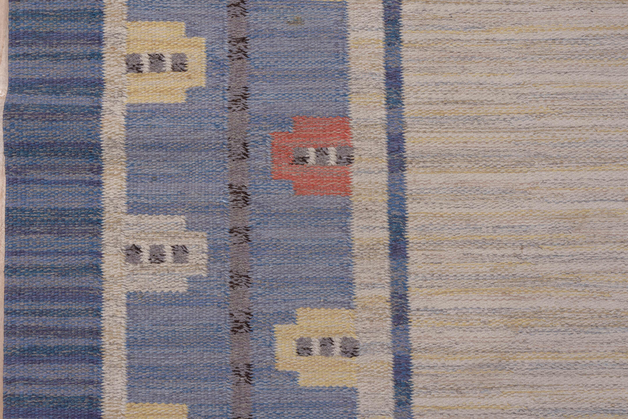 6' x 10' one-of-a-kind handmade vintage Rollaken large size rug. Color palette: ivory, slate blue, periwinkle, cream